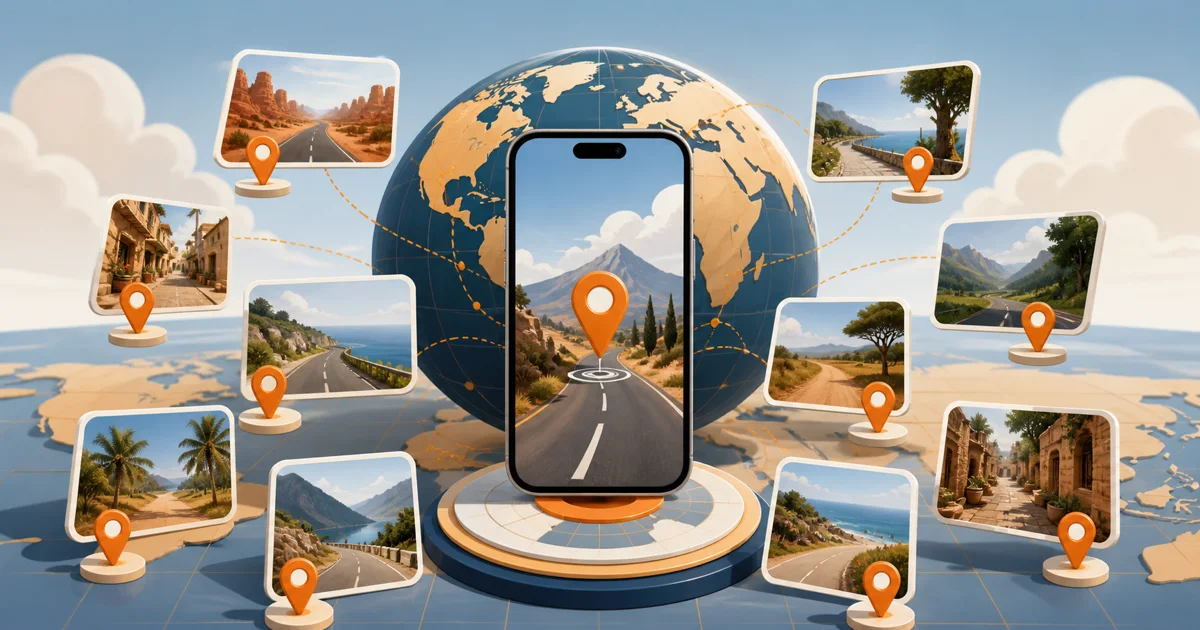 A globe, smartphone and ten scenic location cards representing free geography guessing games
