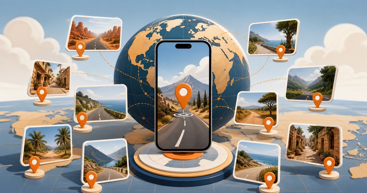 A globe, smartphone and ten scenic location cards representing free geography guessing games